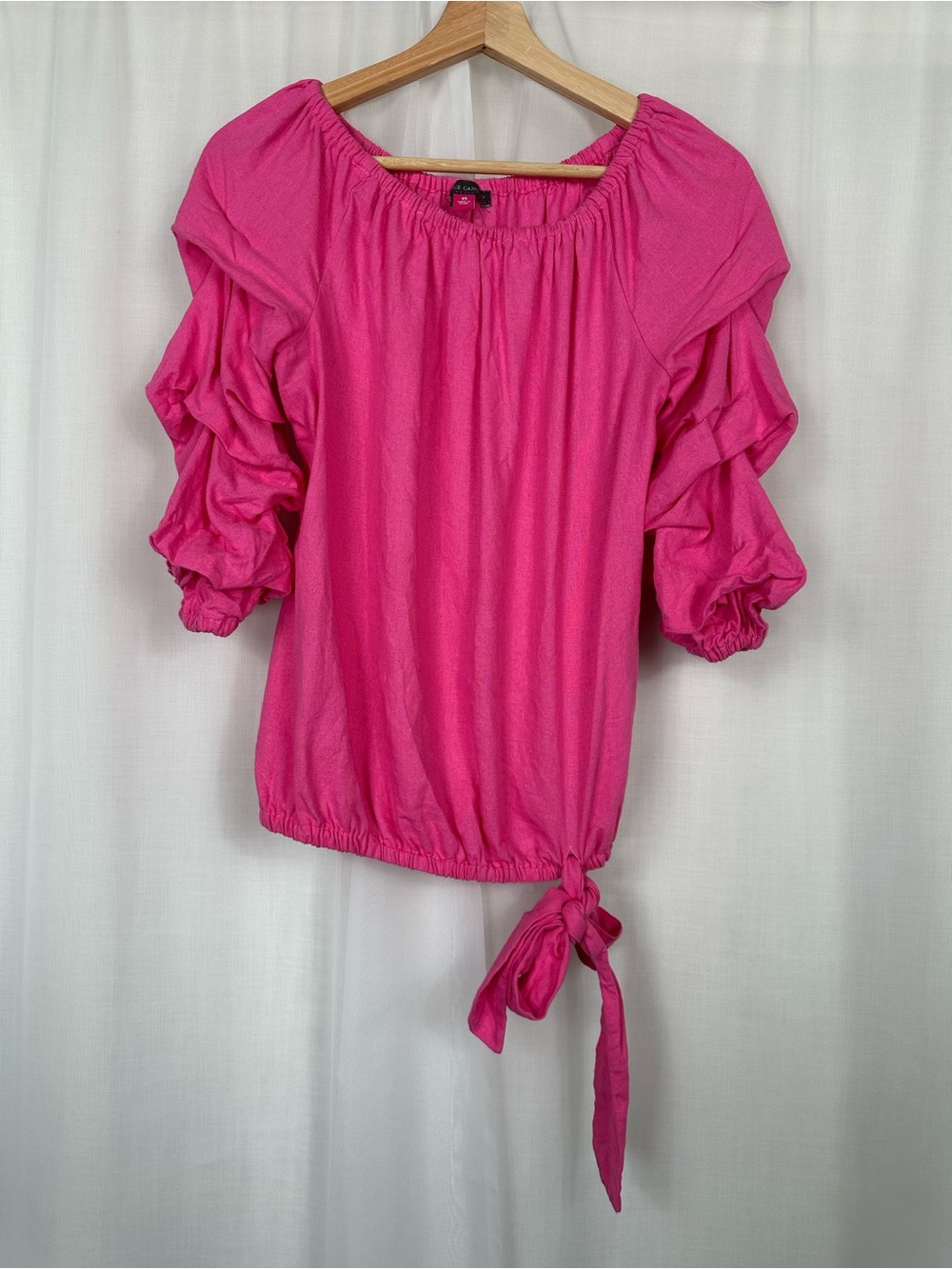 Vince Camuto Linen‎ Blend Off Shoulder Puff Sleeve Tie Front Blouse Top XS Pink